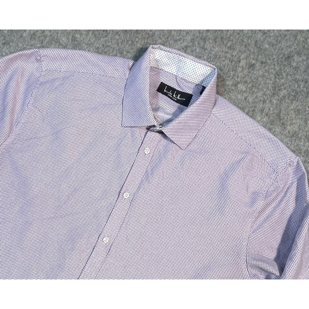 Nicole Miller Men’s Button Up Large 16/16.5 Flip Cuff Pink Grey Geometric Print